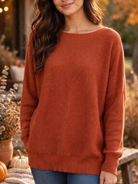 Ada Casey M Rust Terracotta Knit Sweater Boat Neck Oversized Womens